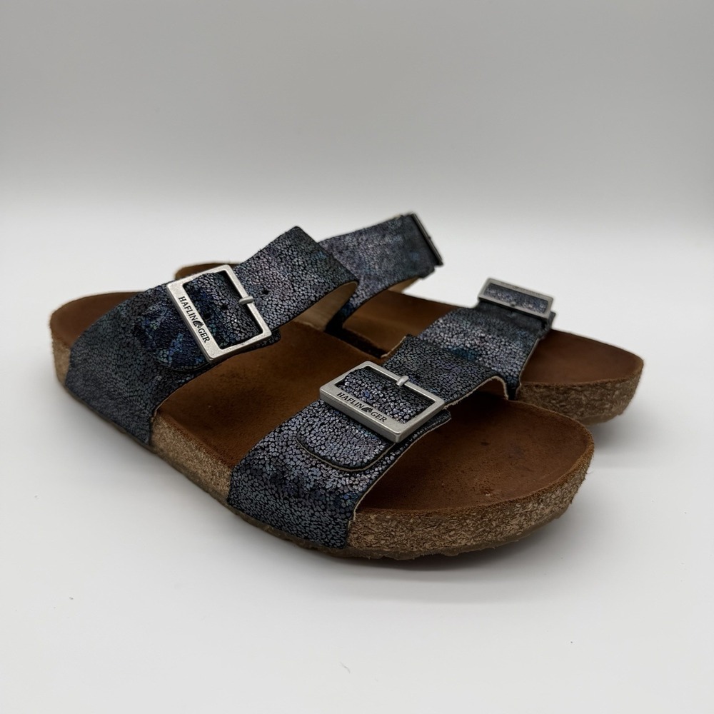 Haflinger Women's Andrea Leather Slide Sandals Logo Buckle Metallic 39 EU 8 US